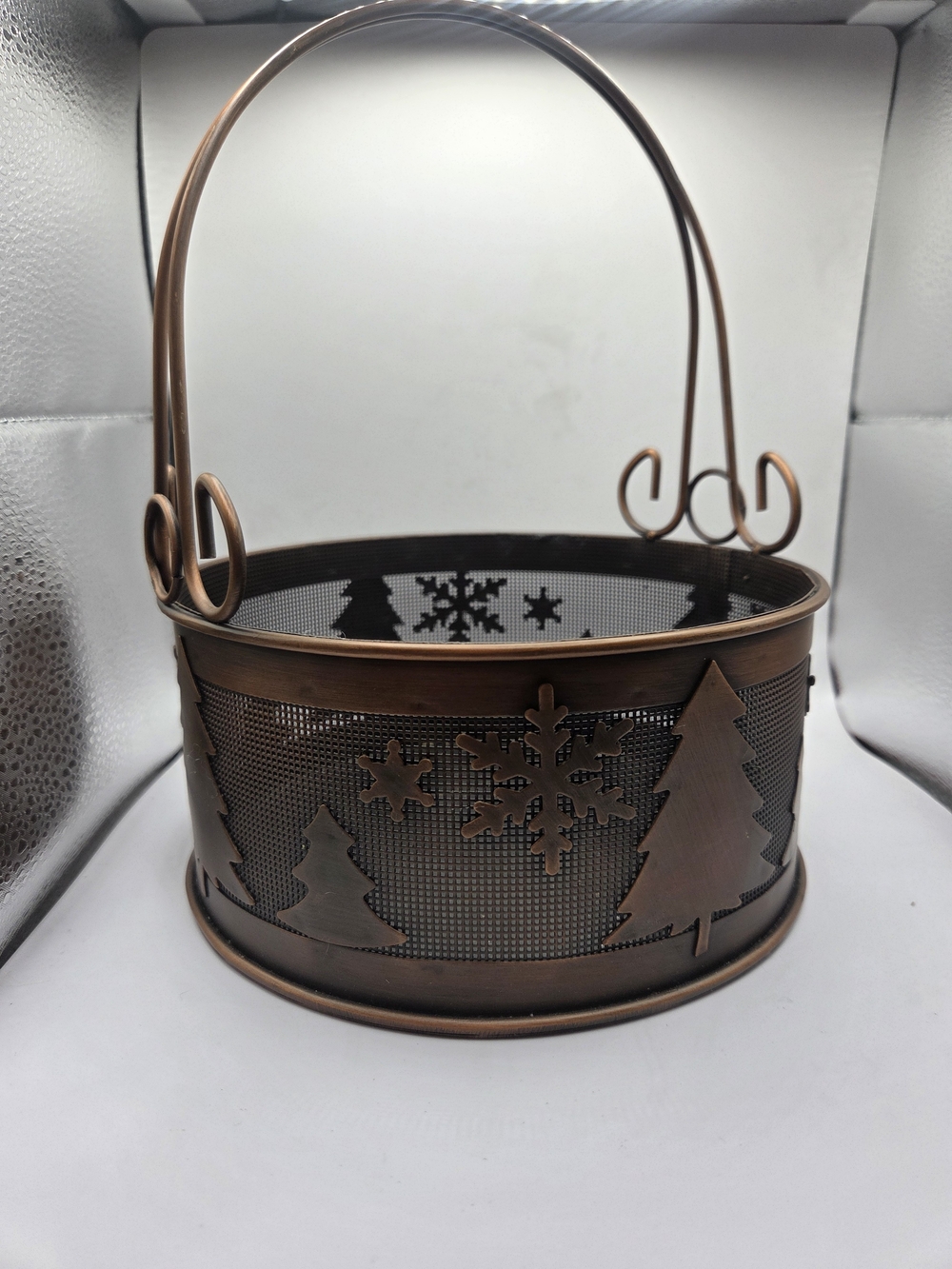 Bronze Metal Round Basket with Handle, Christmas Tree & Snowflake